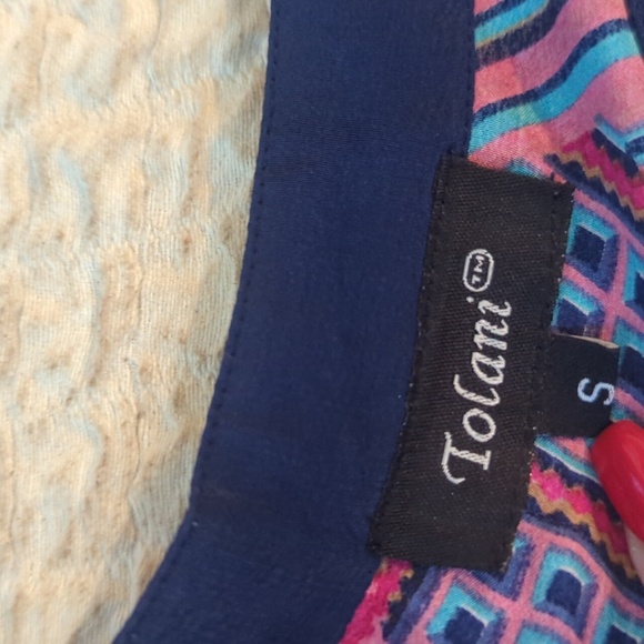 Tolani Silk Geometric Print Drawstring Waist Hi Lo Maxi Dress Pink Blue sz S - Picture 7 of 8